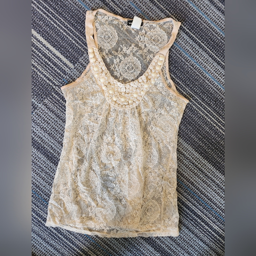 Y2K Wet Seal Lace Sheer Off White Beaded Tank Top